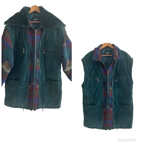 Vintage PELLE 80s Leather Suede Convertible Winter Coat M Vest Wool Aztec Sleeve - Picture 1 of 16